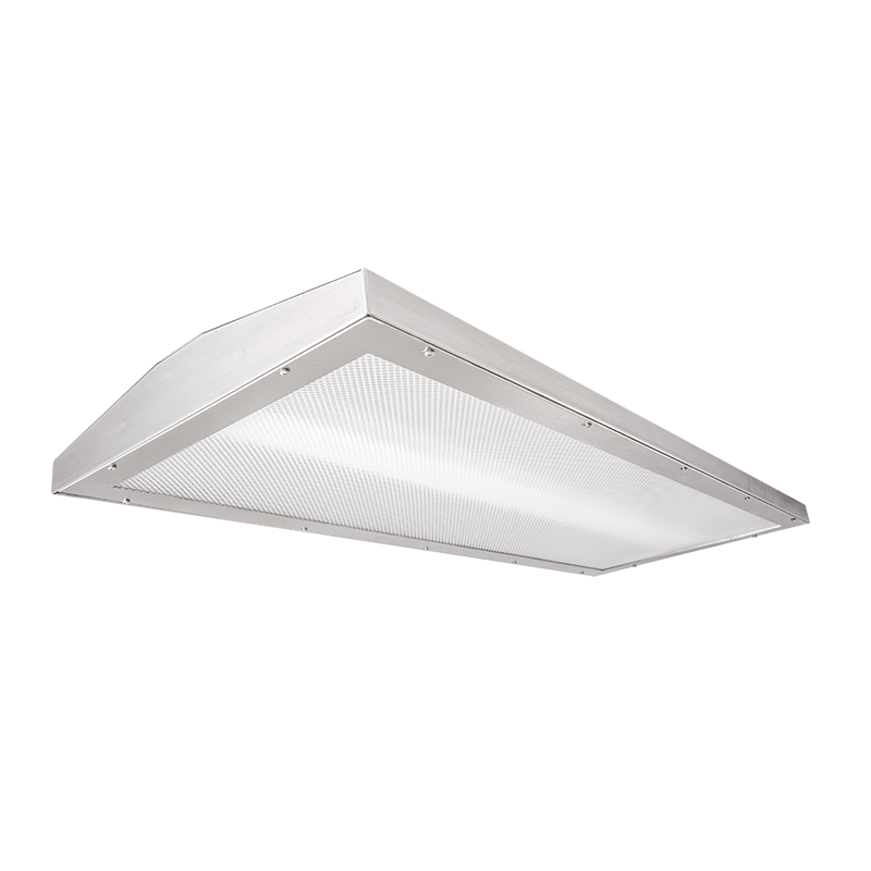 The KURTZON™ FP-HB2-LED Profile Wrap is a 18” x 46” LED Suspended High Bay Luminaire Suitable For Use in Food Processing Applications and designed with a sloped back for water shedding.