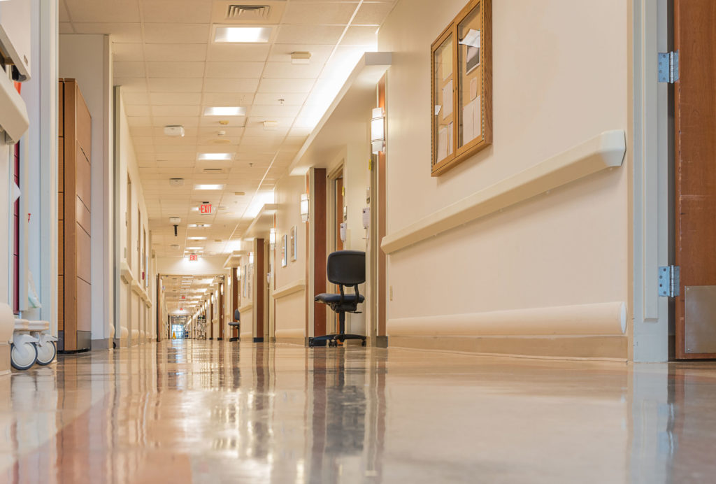 Warm LED lighting in a hospital hallway