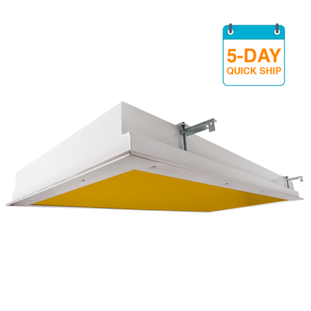 The KURTZON™ KL-R-LED-AMBER-5DQS is a 2x2 and 2x4 Amber/White LED Recessed Fixture suitable for Cleanspaces and Wet Locations.