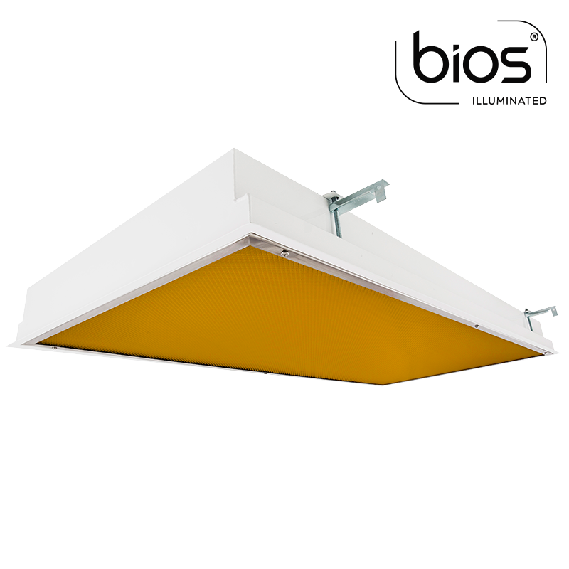 The KURTZON™ EL-FGRS-LED-AMBER-BIOS 1x4, 2x2 and 2x4 recessed fixture is an Amber/White BIOS® LED Wet and Cleanspace Location Luminaire.