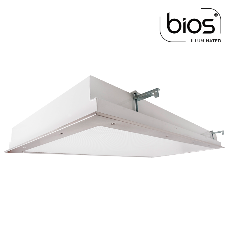 The KURTZON™ KL-FG-TR-LED-BIOS is a 2x4 BIOS® LED Recessed Fixture with Top and Bottom Access suitable for Cleanspaces and Wet Locations.