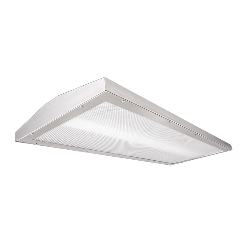 The KURTZON™ FP-HB2-LED Profile Wrap is a 18” x 46” LED Suspended High Bay Luminaire Suitable For Use in Food Processing Applications and designed with a sloped back for water shedding.